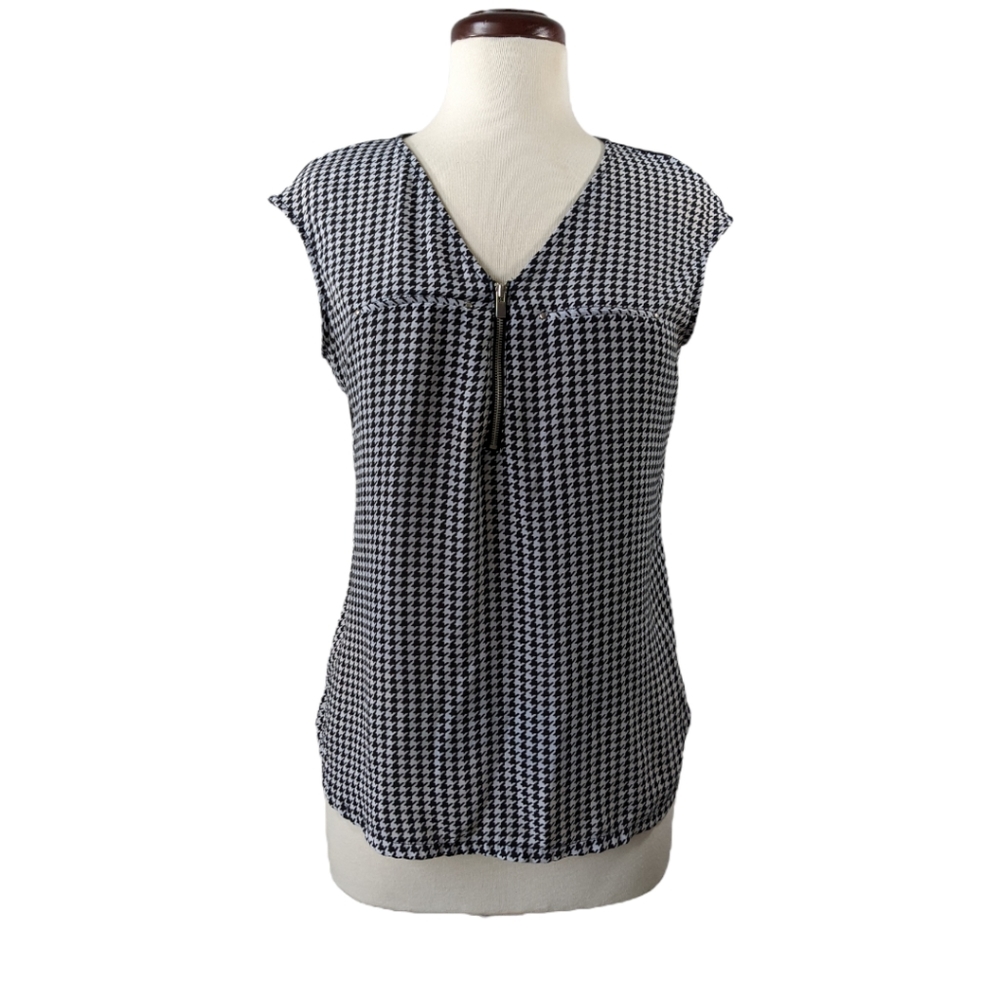 7th Ave Womens Small 1/4 Zip Sleeveless Top Houndstooth Print Blouse Cap Sleeve